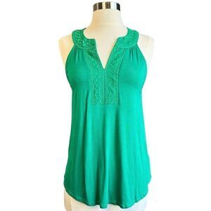 Cable & Guage Split Neck Embroidered Emerald Green Sleeveless Blouse